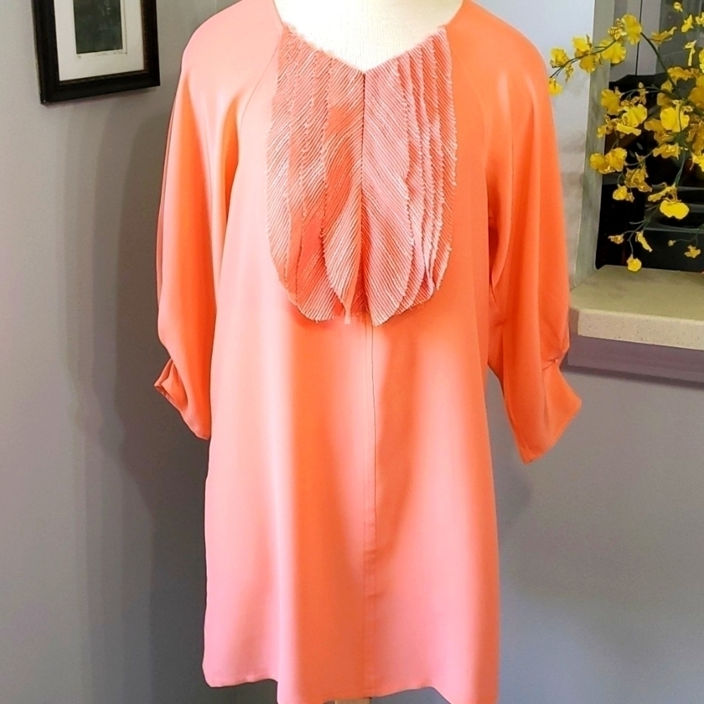 Lovely 100% silk dress, by Ali Ro. Beautiful peach‎ color. Size 4. Unique ruffle